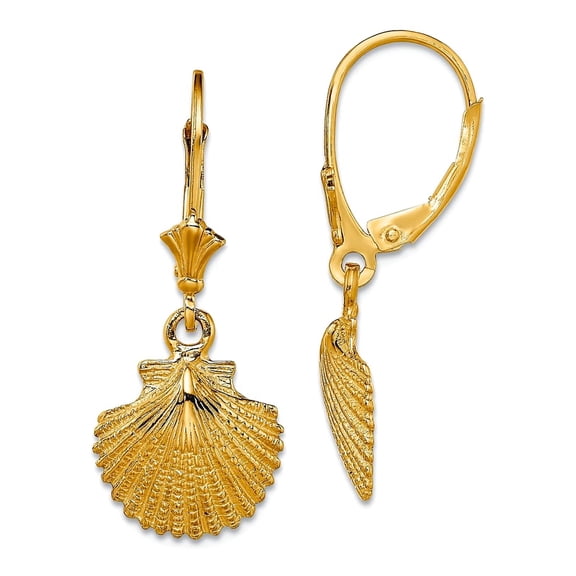 14k Gold Scallop Shell Leverback Earrings 2-d Text 30x12.4mm Wide Stud Earring for Women - 2.8 Grams