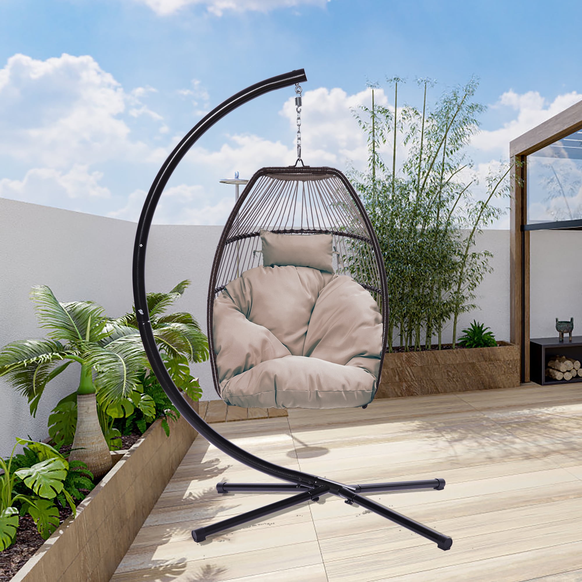 Outdoor Egg Chair Patio Furniture, Hanging Wicker Egg Chair with Stand