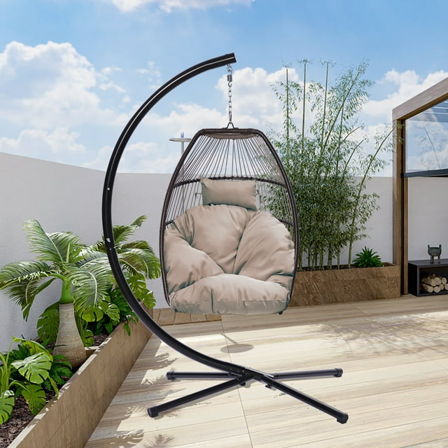 Outdoor Egg Chair Patio Furniture, Hanging Wicker Egg Chair with Stand, Hammock Chair with Hanging Kits, Swinging Egg Chair, Swing Chair for Beach, Backyard, Balcony, Lawn, Beige Brown Cushion, W11039