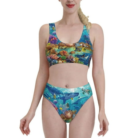 Bixox Sea World Pattern Two-Piece Sports Bikini with U-Shaped Top and High-Waist Bottom - Women s Swimwear with Removable Bra Pads
