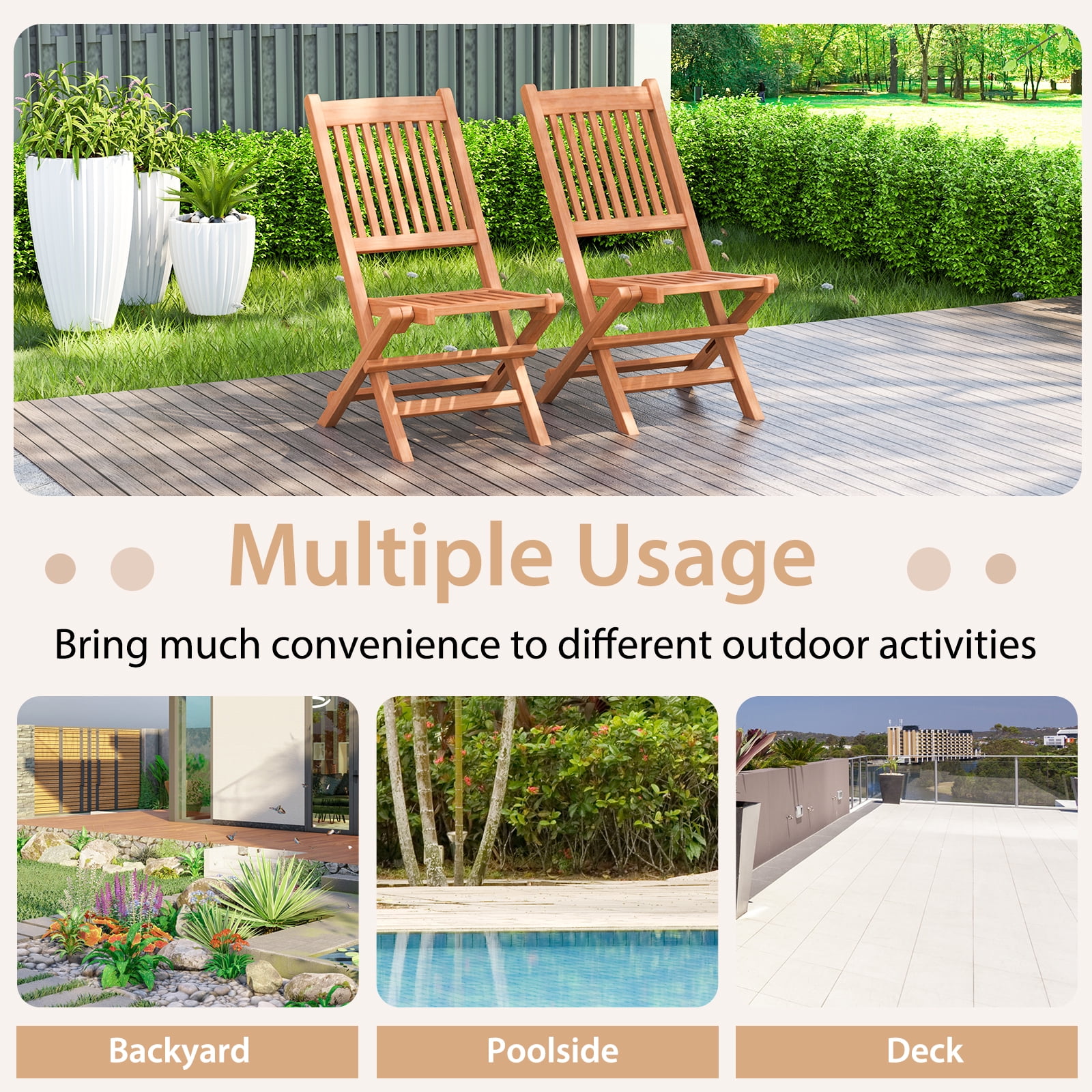 Costway 2PCS Patio Folding Chair Indonesia Teak Wood Slatted Seat Natural Portable Outdoor