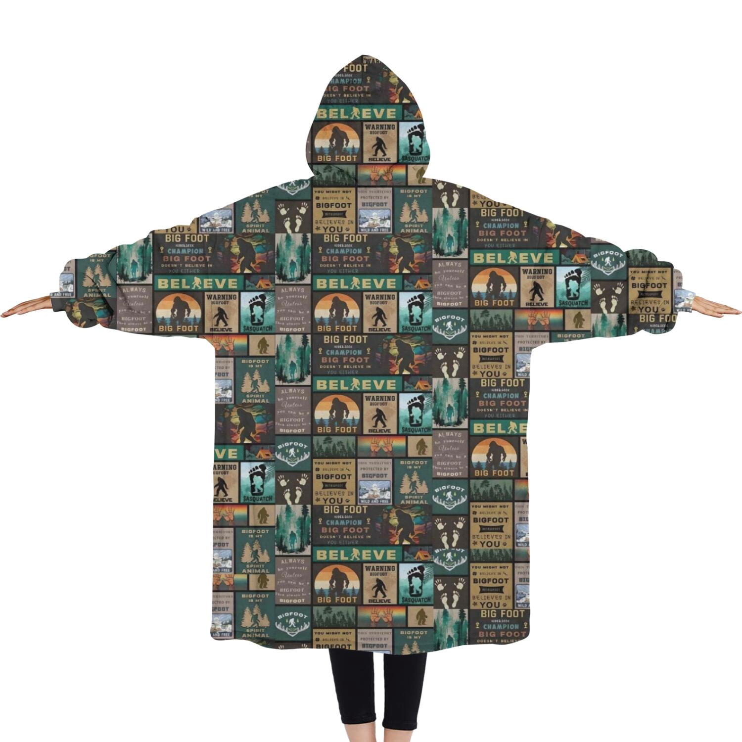 Oversized Wearable Blanket Hoodie,Multicolor Bigfoot and Text Pattern Sherpa Blanket Hoodie with Super Pockets,Super Warm Fuzzy Pullover for Women & Men