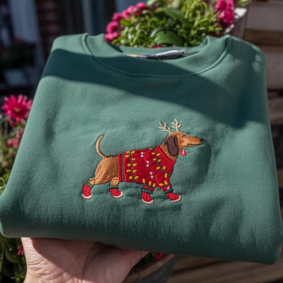 Embroidered Christmas Dachshund Sweatshirt, Festive Wiener Dog Crewneck, Funny Xmas Dog Sweatshirt, Holiday Pet Lover Gift