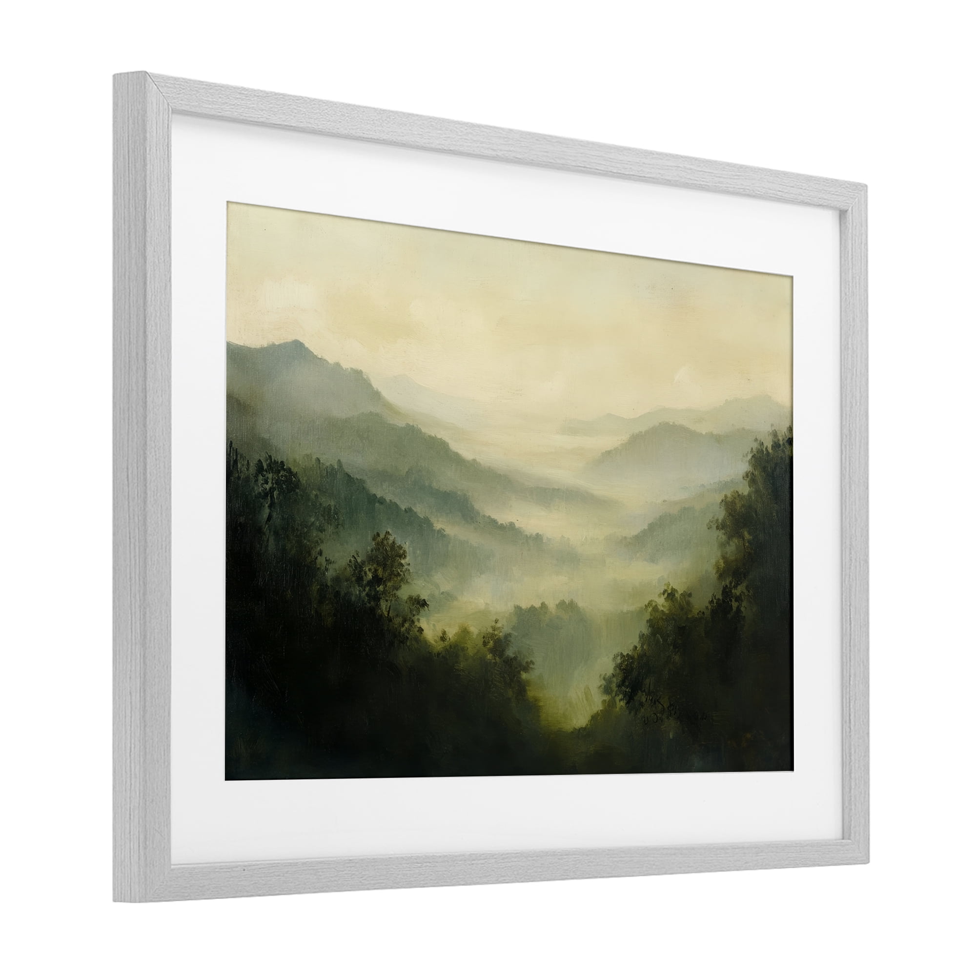 Through The Haze Landscape Gray Framed Print Under Glass, design by Petal Prints Design