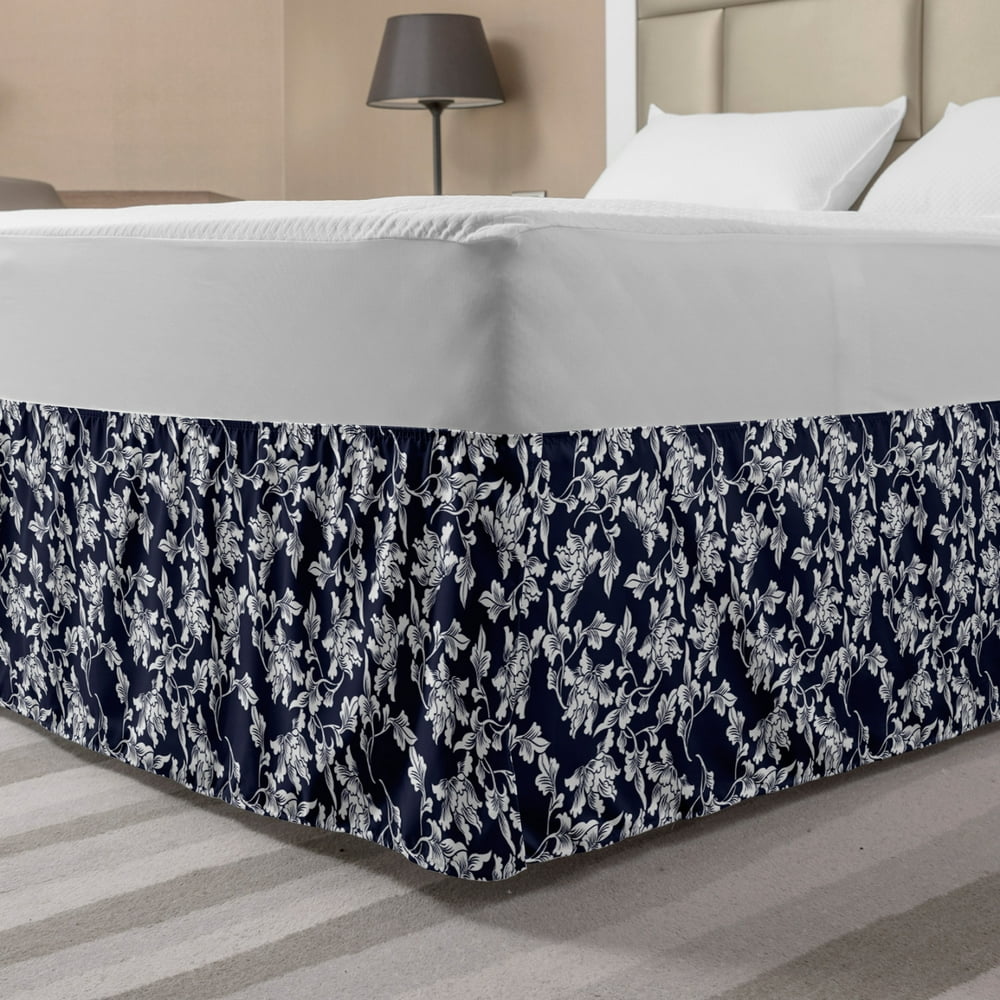 Navy Blue Bed Skirt, Floral Arrangement Botanic Foliage Pattern