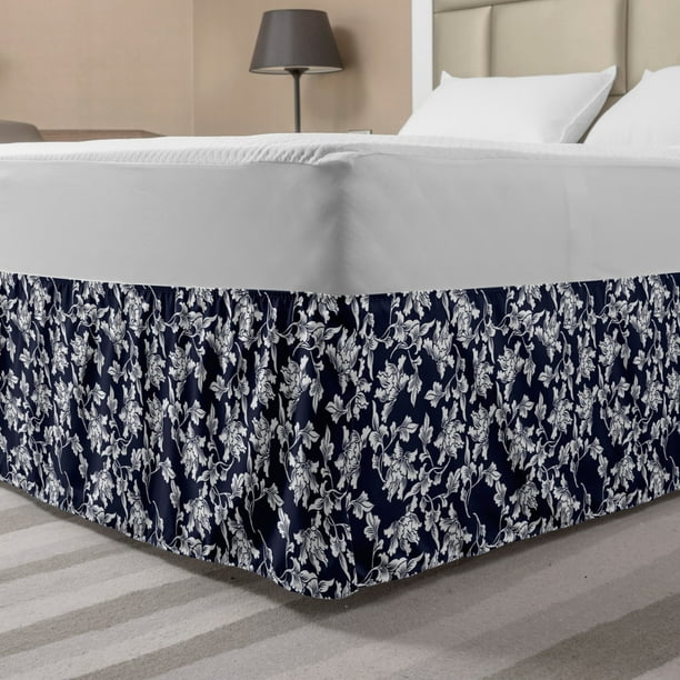 Navy Blue Bed Skirt, Floral Arrangement Botanic Foliage Pattern