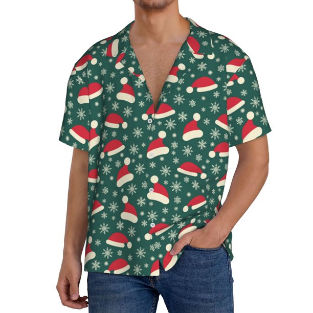 Balery Santa Hat Joy Green Festive Camisa Casual de Manga Corta con Botones para Hombre, Texturizada, Estilo Cubano, para Playa, Verano-XX-Large