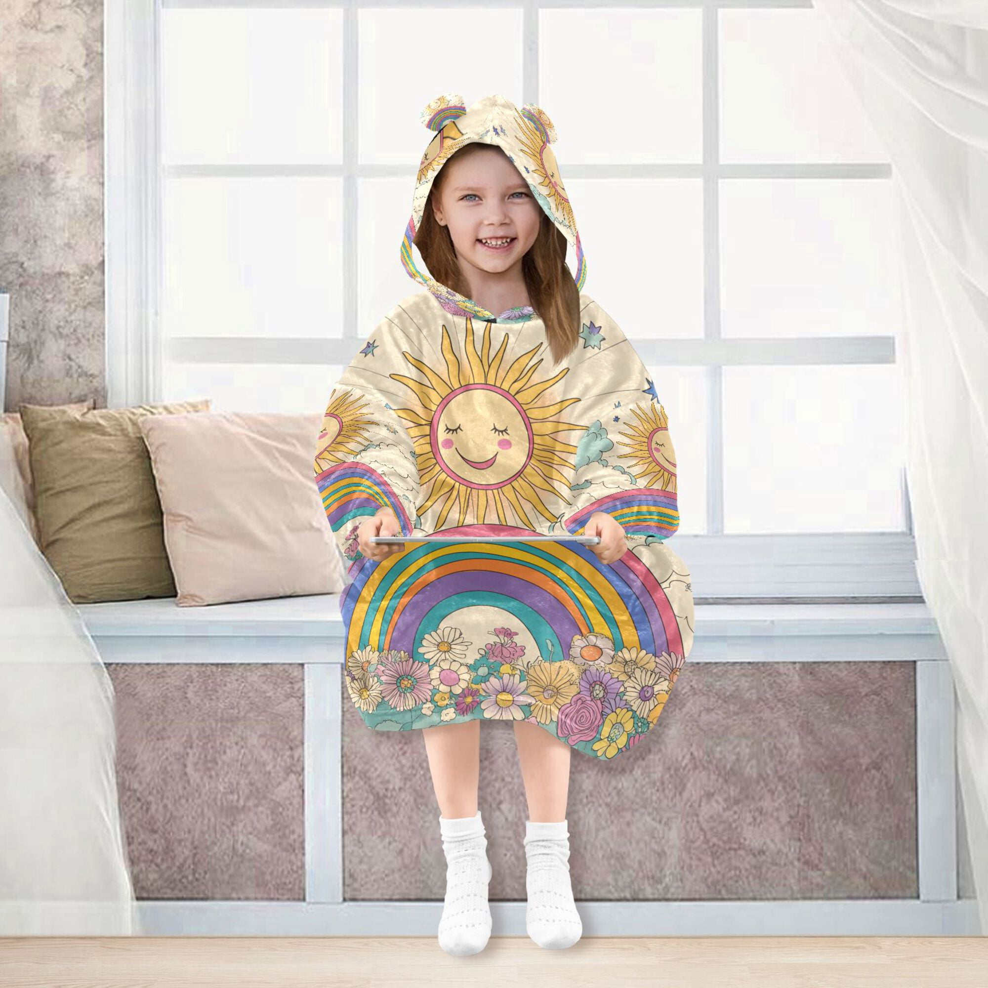 FORMRS Wearable Blanket Hoodie with Sleeves for Kids Cozy Flannel Sweatshirt, Beige Rainbow