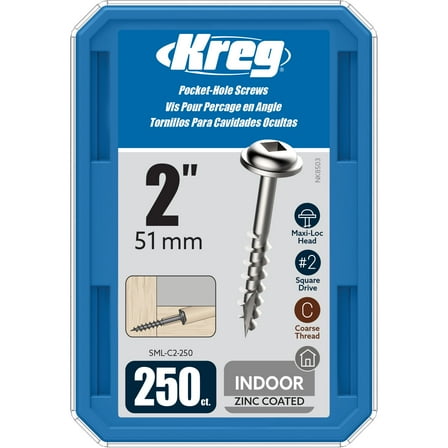 Kreg SML-C2-250 Zinc Pocket-Hole Screws, 2 Inches, #8 Coarse Thread, Maxi-Loc Head (250 Count)