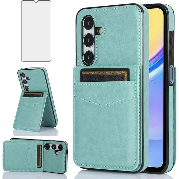 MYKOMI Phone Case for Samsung Galaxy A55 5G with HD Screen Protector and Credit Card Holder Wallet Cover Stand Leather Cell Accessories Glaxay A 55 55A A555G SM-A556V Women Men Green