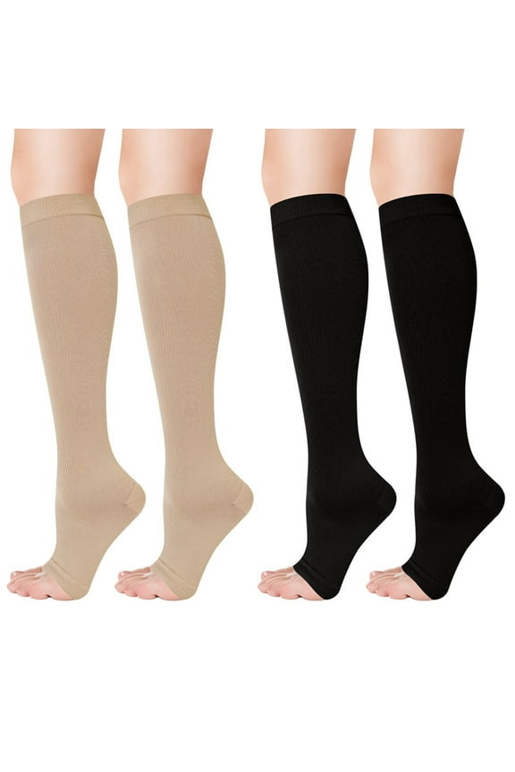 2 Pack 20-30mmHg Open Toe Compression Socks for Men & Women Knee High Stockings for Running, Pregnancy, Travel, Work Varicose Veins & Circulation Support