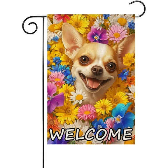 Chihuahua Garden Flag Colorful Daisy Double Sided Burlap 12x18 Inch Small Seasonal Holiday Flag for Outdoor Yard Decoration