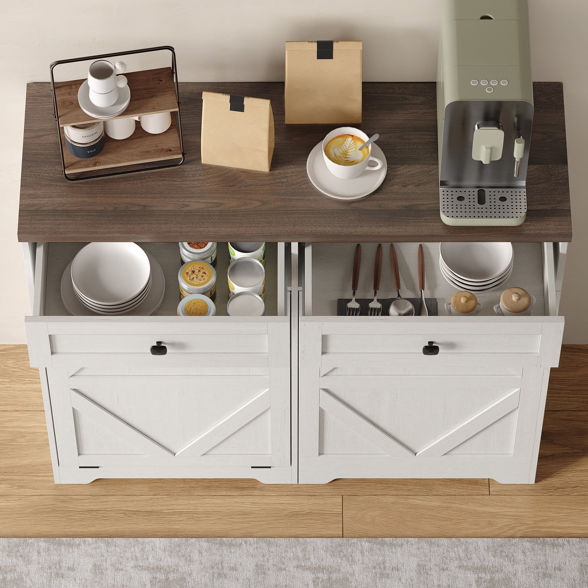 VEANERWOOD Tilt Out Trash Cabinet for 13 Gallon Garbage Can, Kitchen Storage Cabinet with Remove Odor, 2 Drawer and Spice Rack, White