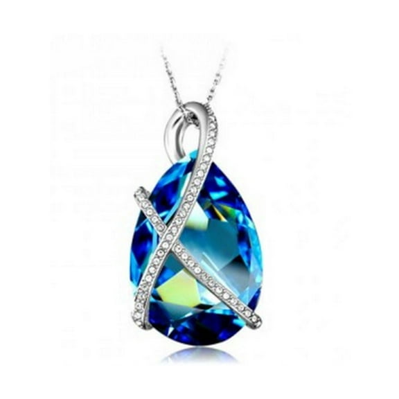 KATGI Fashion Teardrop Embrace Crystal Pendant Necklace in Royal Blue