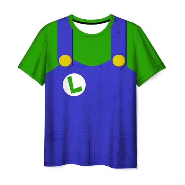 camiseta de juego para niños super mario bros, ropa de dibujos animados para niños, camisetas para niños, camisetas de luigi mario, camisetas de manga corta para niños — vista frontal centrada de camiseta de manga corta con torso verde y peto impreso en azul, dos botones amarillos y emblema circular blanco con una L verde; silueta infantil sobre fondo blanco, a menudo usada para disfraces de cosplay.