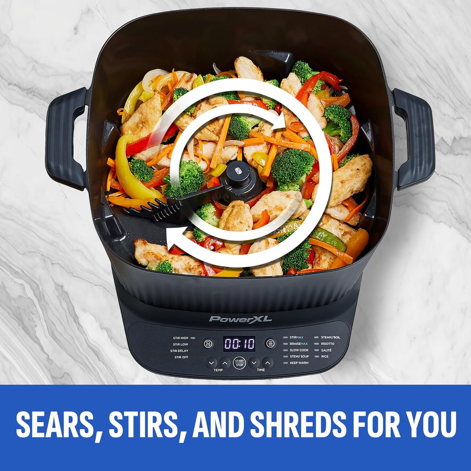 STIRMAX DELUXE 7.5 Quart Digital Multi-Cooker with Automatic Paddle to Stir and Shred, 9 in 1 programable presets to Sauté, Sear, and Brown Food Before Simmering – Accessories, Skillet, & Cookbook