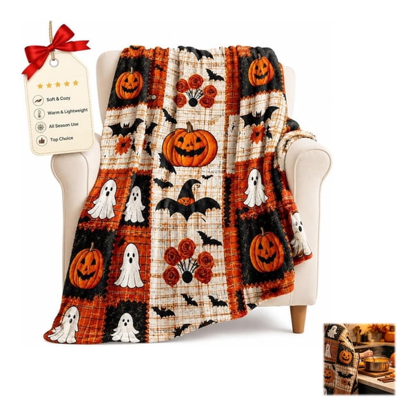 Halloween Pumpkin Bat Flannel Throw Blanket, Ghost Patchwork Plaid, Halloween Decor Blanket Soft Microfiber, Lightweight Warm for Sofa Couch BedPlaid
