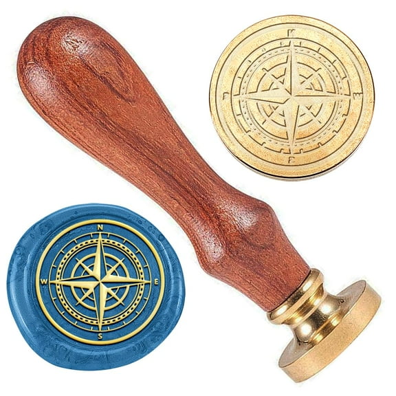 Compass Wax Seal 3D Stamp Embossed Stamp Sealing Removable 1" Brass Wax Seal Stamp Head with Wooden Handle Wedding Invitations Envelopes Gift Packing Craft Adhesive Waxing making