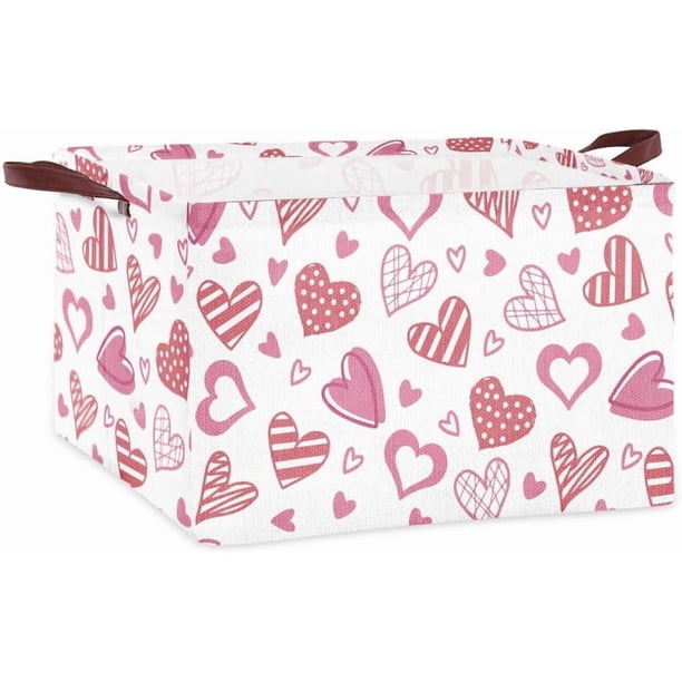 Cestas de almacenamiento rectangulares de lona con forma de corazón rosa, cestas de almacenamiento de algodón y lino, cesta para la ropa sucia, cesta para guardar la ropa sucia, organizador plegable
