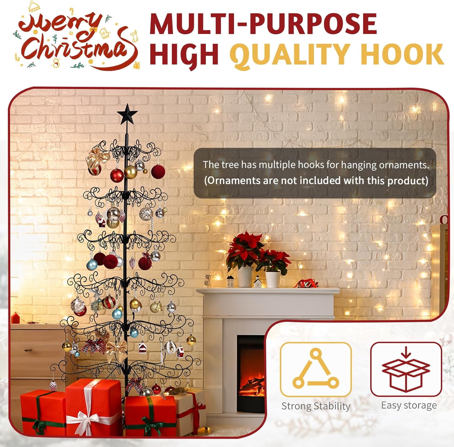 Metal Ornament Display Tree Stand, 6ft Wrought Iron Christmas Tree for Halloween Christmas Balls Bauble Decorations Gift Craft(Black)