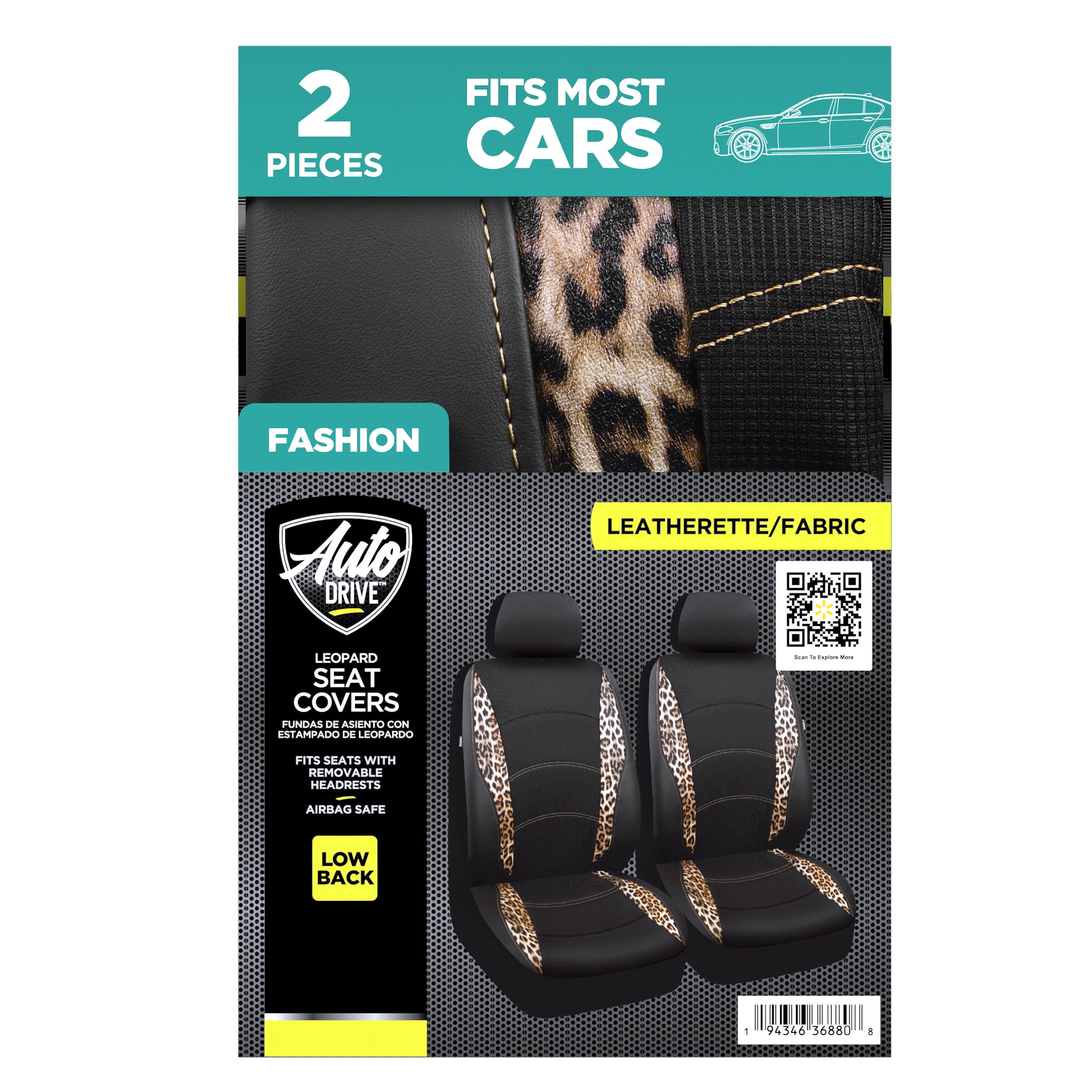 Auto Drive Leopard Leatherette & Black Waffle Fabric Front Car Seat Cover, Universal Fit for Cars Trucks and Suvs,2 pack