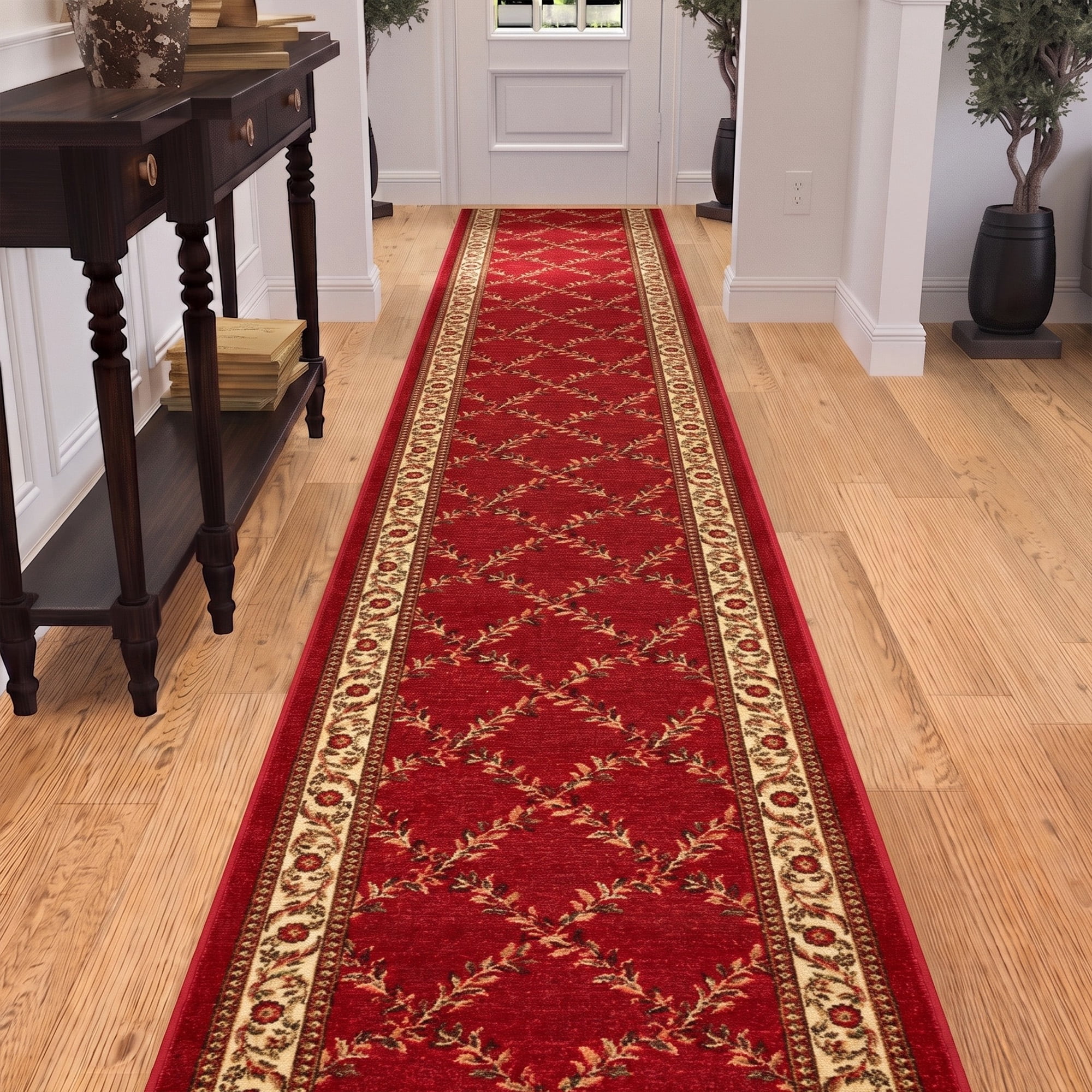Ottomanson Extra Long Runner Rug 1'10.5" x 13' – Non-Slip Low Pile Hallway Carpet, Trellis Burgundy Red