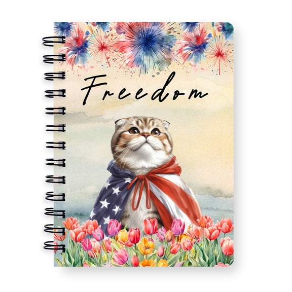 Freedom Scottish Fold on Independence Day 4th of July Spiral Bound Journal Cat Lover Kitten Owner Gifts 5x7in Spiral Notebook - 01005