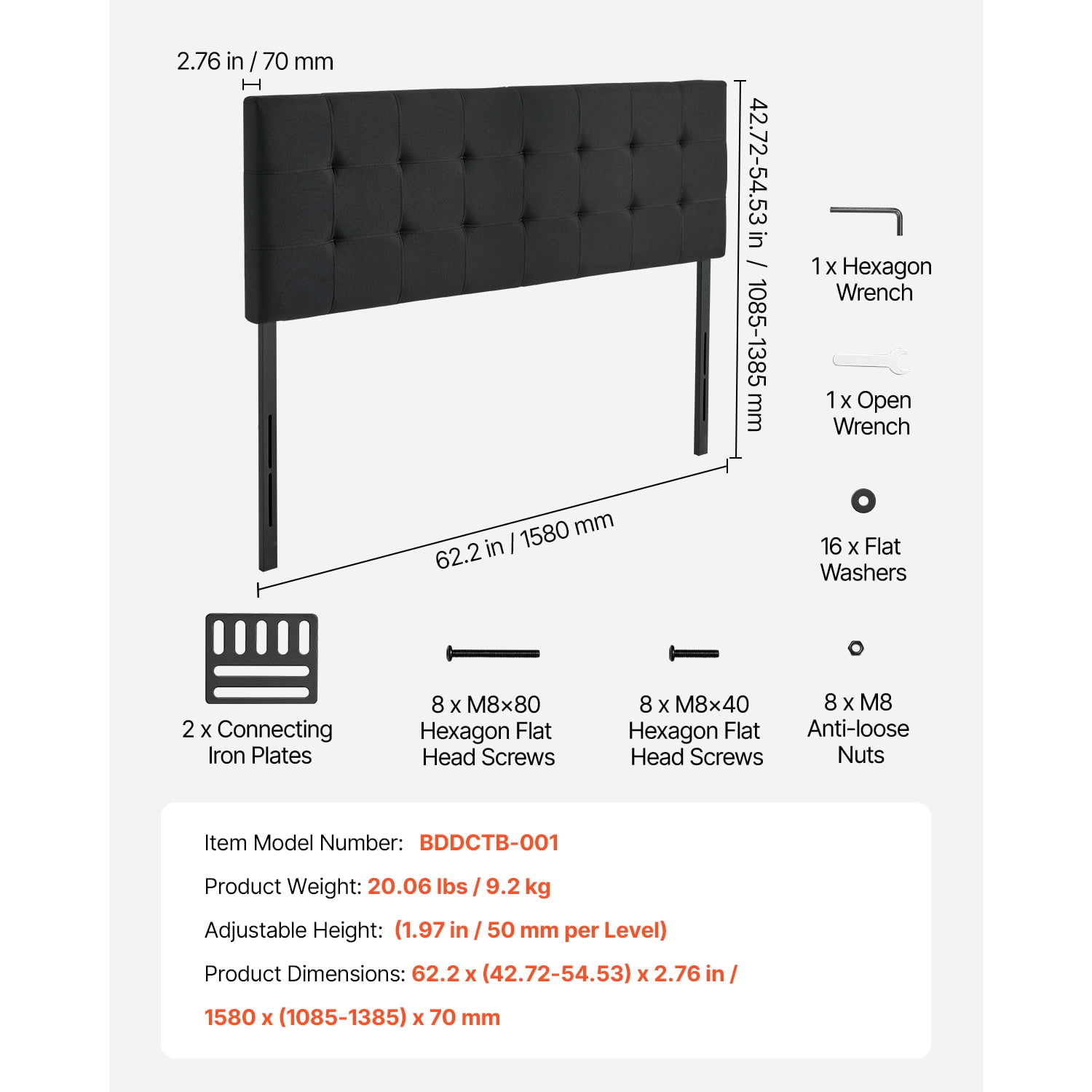 KFFKFF Queen Size Headboard with Adjustable Height, Diamond Tufted Design for Comfort, Dimensions W62.2 x H(42.72-54.53) x D2.76 in, Suitable for Bedrooms, Hotels, Homestays, and Dormitories, Black