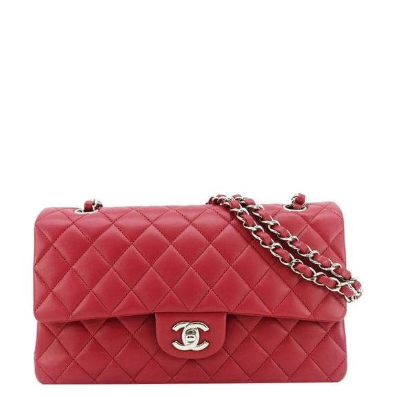 Pre-Owned CHANEL Classic Double Flap Medium Quilted Leather Shoulder Bag Fuchsia Pink