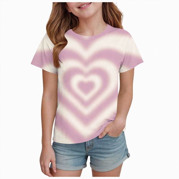 Xudanell Girls Summer Tops Short Sleeve Round Neck Gradient Color Design with Heart Shaped Pattern Casual T Shirt for Summer Sky Blue 3-4 Years