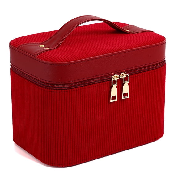 Large Capacity Corduroy Makeup Bag with Handle, Portable Cosmetic Travel Case Organizer for Toiletries, Skincare and Beauty Essentials