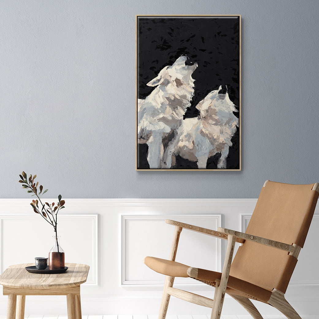 Midnight Wolves Framed Premium Gallery Wrapped Canvas - Ready to Hang - 17 x 25 - Natural Wood Floating Frame