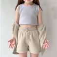 thumbnail image 3 of Krdevn Girls 2 Piece Outfit, Solid Lapel Long Sleeve Pocket Shirt & High Waist Pocket Shorts Casual Kids Set,Beige, 3 of 9