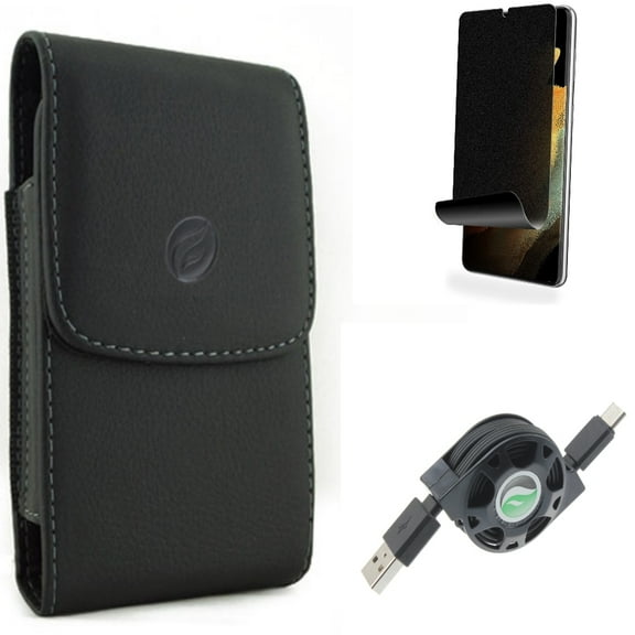 Case Belt Clip & USB Cable & Privacy Screen Protector for Samsung Galaxy S22 Plus (S22 ) - Combo Leather Holster Cover & Retractable Type-C Charger & TPU Film (Fingerprint Works) Anti-Peep