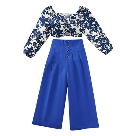 

Gotyou Girl s 2 Piece Toddler Outfits Cute Pleated Long Sleeve Floral Tshirt Top + Wide Pant Summer Spring Set