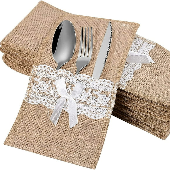 Bienvenido Jute Lace Bag, 20pcs Jute Lace Pouch Jute Cutlery Bags Cutlery Bag Holder Jute and Lace Knife Bag Decoration for Wedding Table Party Christmas (11 x 22cm)