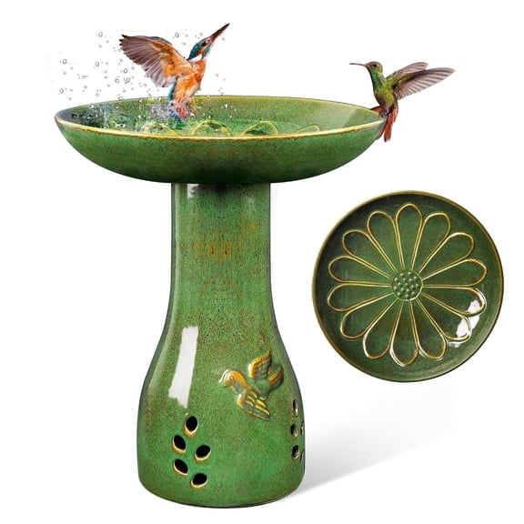 BUYMAX Ceramic Bird Bath for Outdoor Garden, Heavy Duty Freestanding Green