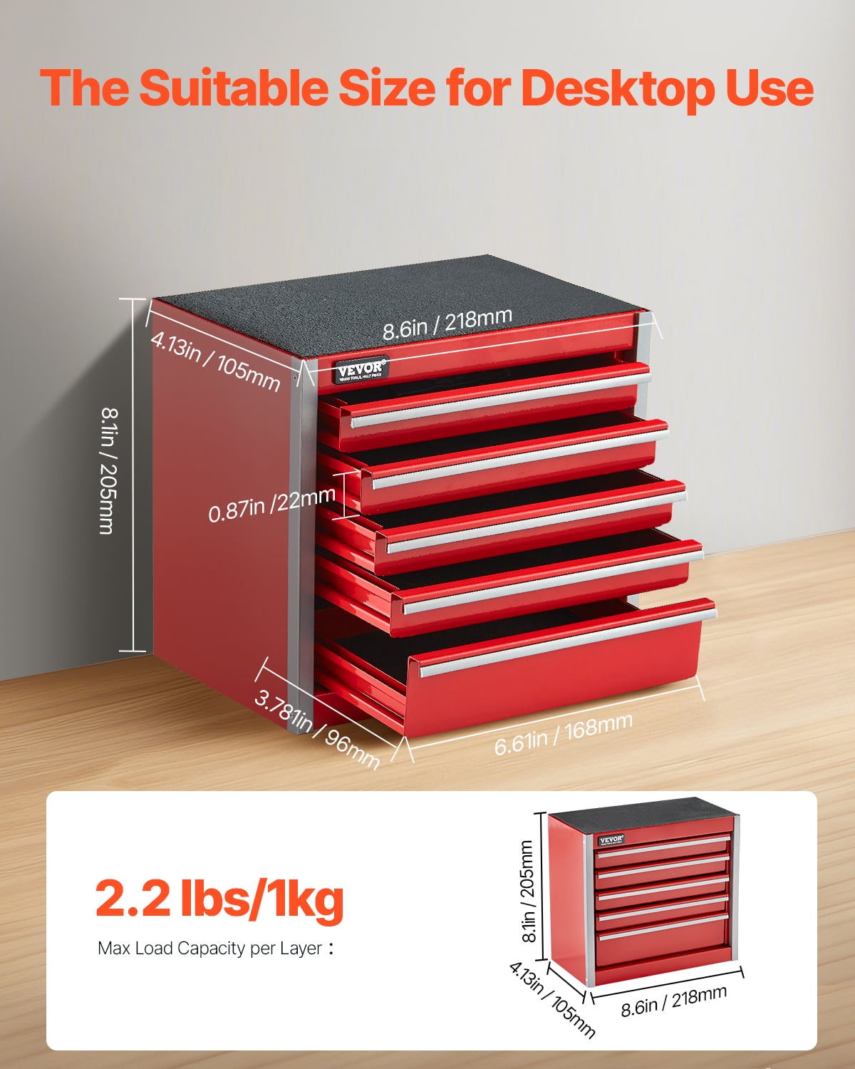 VEVOR Metal Tool Box, 8.6-inch, Portable Metal Tool Box with 5 Drawers, Small Tool Chest with EVA Liners and PP Feet Pads, Heavy-Duty Steel With Ball Bearing Opening and Powder Coated Finish, Red