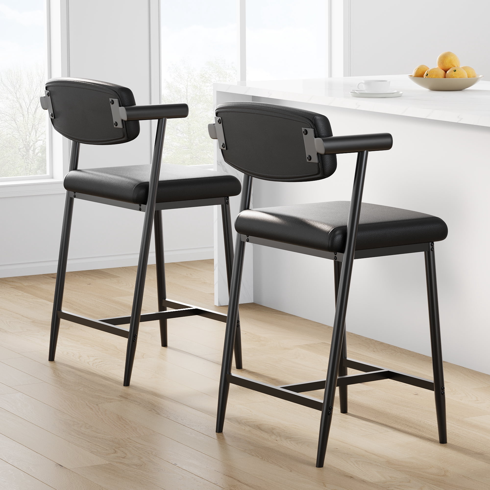 Modern Set of 2 Black Leather Counter Height Bar Stools with Arms & Back, Thickened Upholstered Cushion, Metal Footrest – Easy Assembly, Kitchen Island, Dining Room, 2pcs per Package, Black Leather