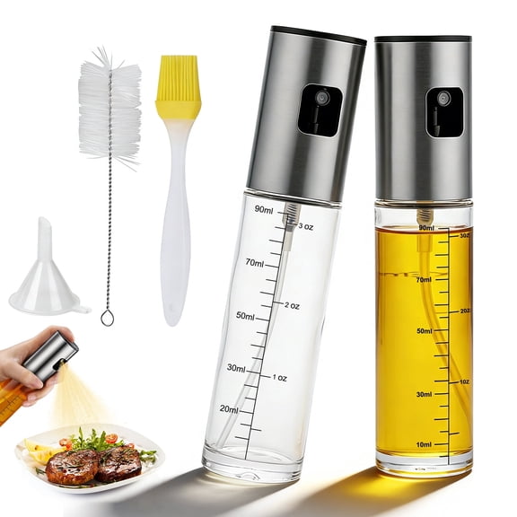 2 Pack Oil Sprayer for Cooking, Upgraded Refillable Olive Oil Spray Bottle Mister with Brush for Air Fryer Oil Vinegar Portable Glass Kitchen Gadget for BBQ, Salad, Roasting