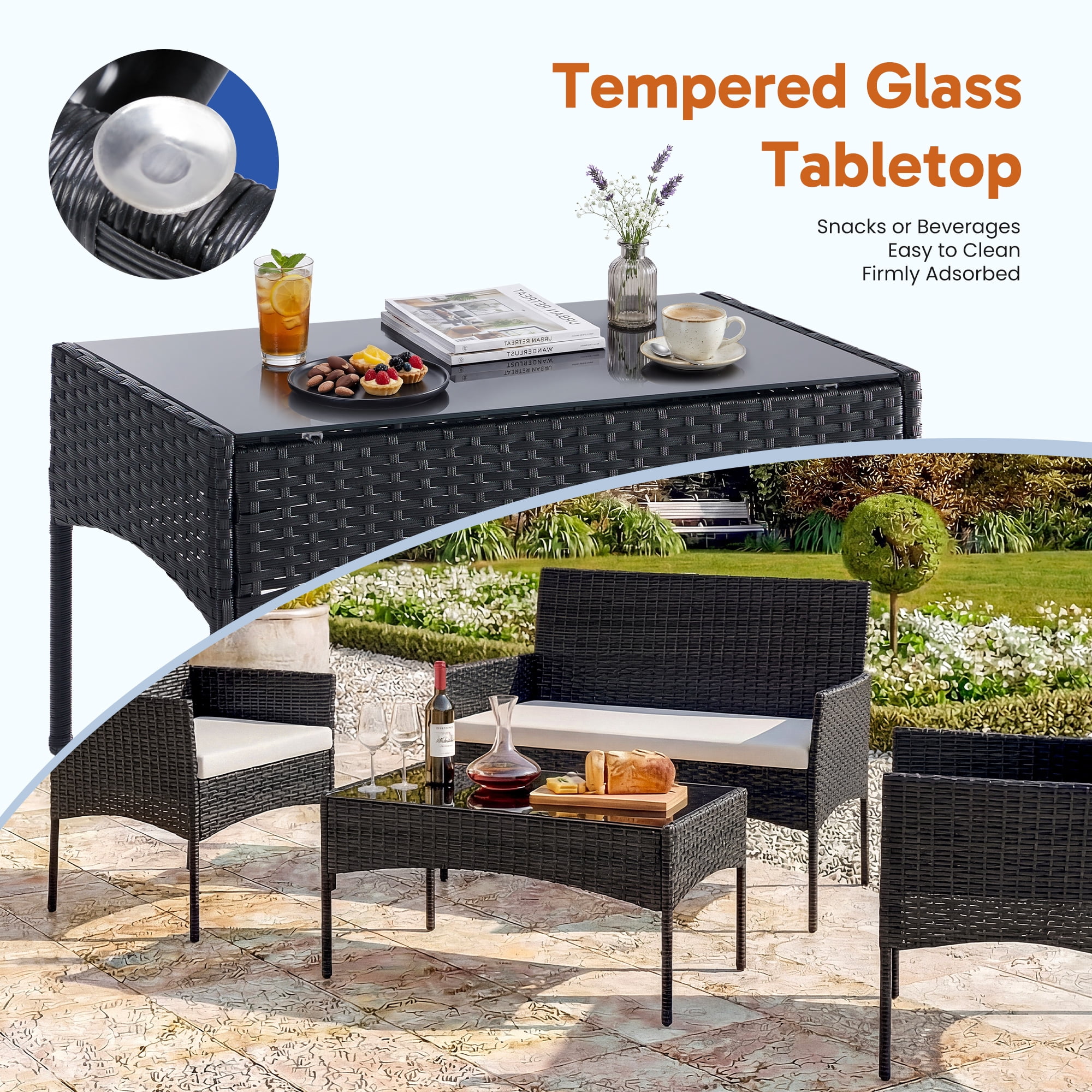 EDX 4 Piece Patio Furniture Set, All-Weather PE Rattan Conversation Set with Black Tempered Glass Coffee Table, Washable Cushions, for Porch Garden Backyard, Black/Beige