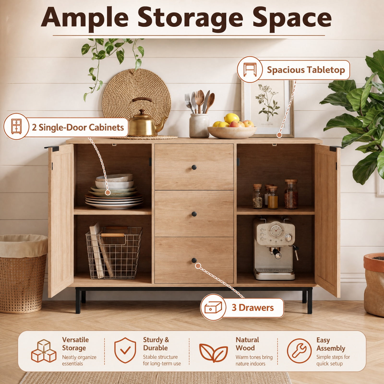 Furnibear Sideboard Buffet Cabinet Rustic Farmhouse Coffee Bar Table with 2 Rattan Doors and 3 Drawers for Kitchen Dining Living Room Buffet, Natural