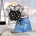 thumbnail image 3 of Ulitacool Girl Clothes Short Sleeve Summer Print Mesh Top With Denim Shorts And Tank Piece Playwear Trend Round Neck Outfits 10-11 Years Black, 3 of 8