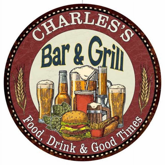CHARLES'S Bar and Grill 14" Round Metal Sign Kitchen Wall Decor 100140020380