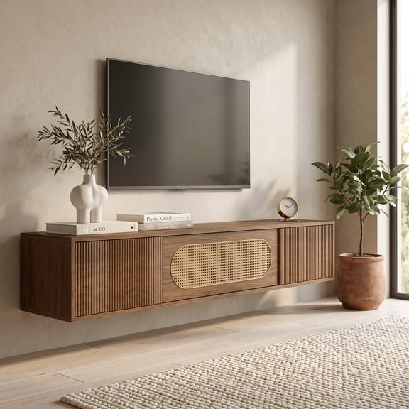 Fnova 71 Inch Floating TV Console with 2 Rattan Drawers and Open Shelf, Wall Mounted Media Console for TVs up to 75 Inch, Modern Entertainment Center with Cane Front for Living Room