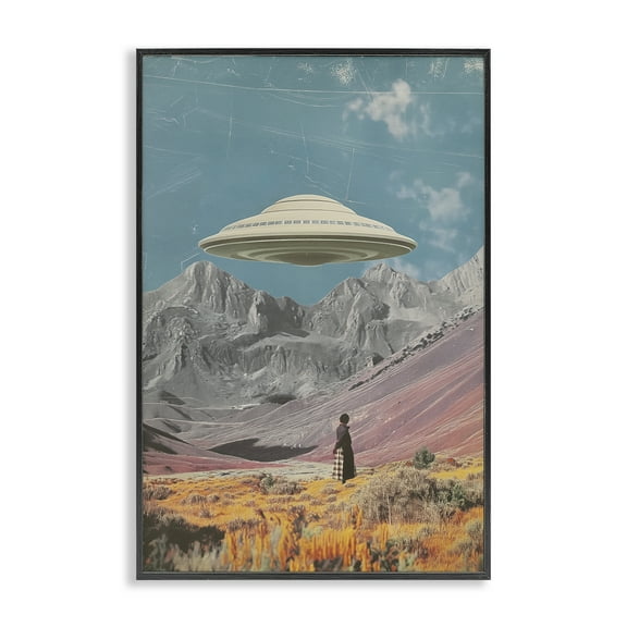 Stupell Industries UFO over Mountain Valley Fantasy & Sci-Fi Painting Black Framed Art Print Wall Art, 12 x 18