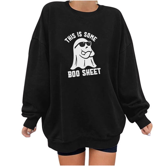 EQWLJWE Chandails en Molleton Graphiques d'Halloween pour Femmes Grande Taille Col Rond Manches Longues Chandail Imprimé Fantôme d'Halloween Chandails en Molleton Oversize Chandail Tops d'Halloween pour Femmes Tops pour Femmes 2023