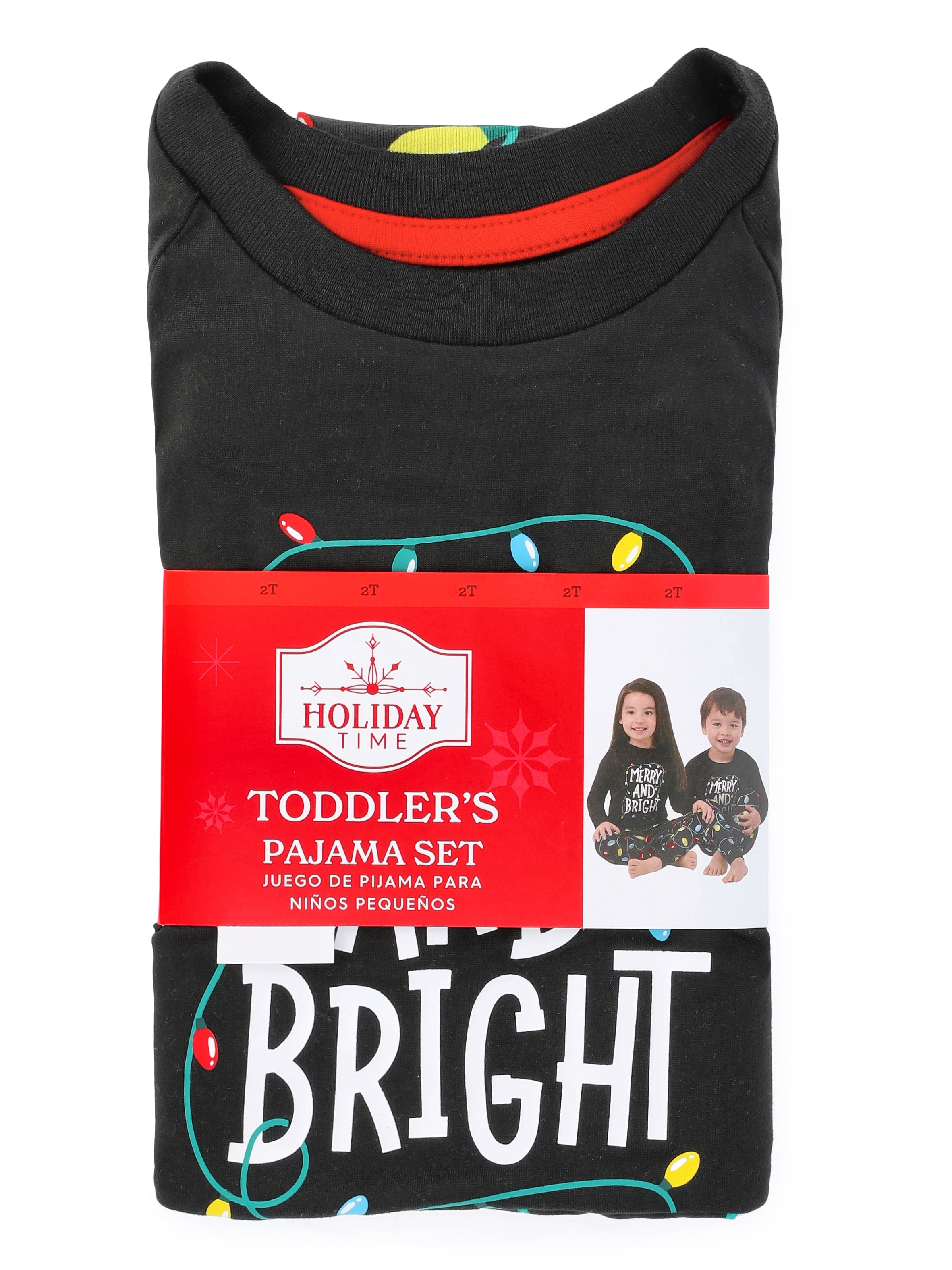 Holiday Time Unisex Toddlers Matching Family Pajamas Merry and Bright Top and Pants Set, 2-Piece, Sizes 2T-5T