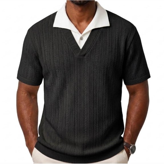 SAWOBUUN Men's Striped Textured Knit Shirt V Neck Casual Shirt Short Sleeve Contrast Collar Pullover Top Breathable Summer Golf Tee