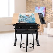 HomGarden Wood Drafting Desk Drawing Table Art Craft Station Tiltable W/ Stool & Drawer